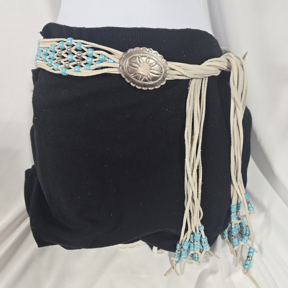 Southwestern Suede Tie Belt Turquoise Color Bead Silver Tone Concho Fringe Boho